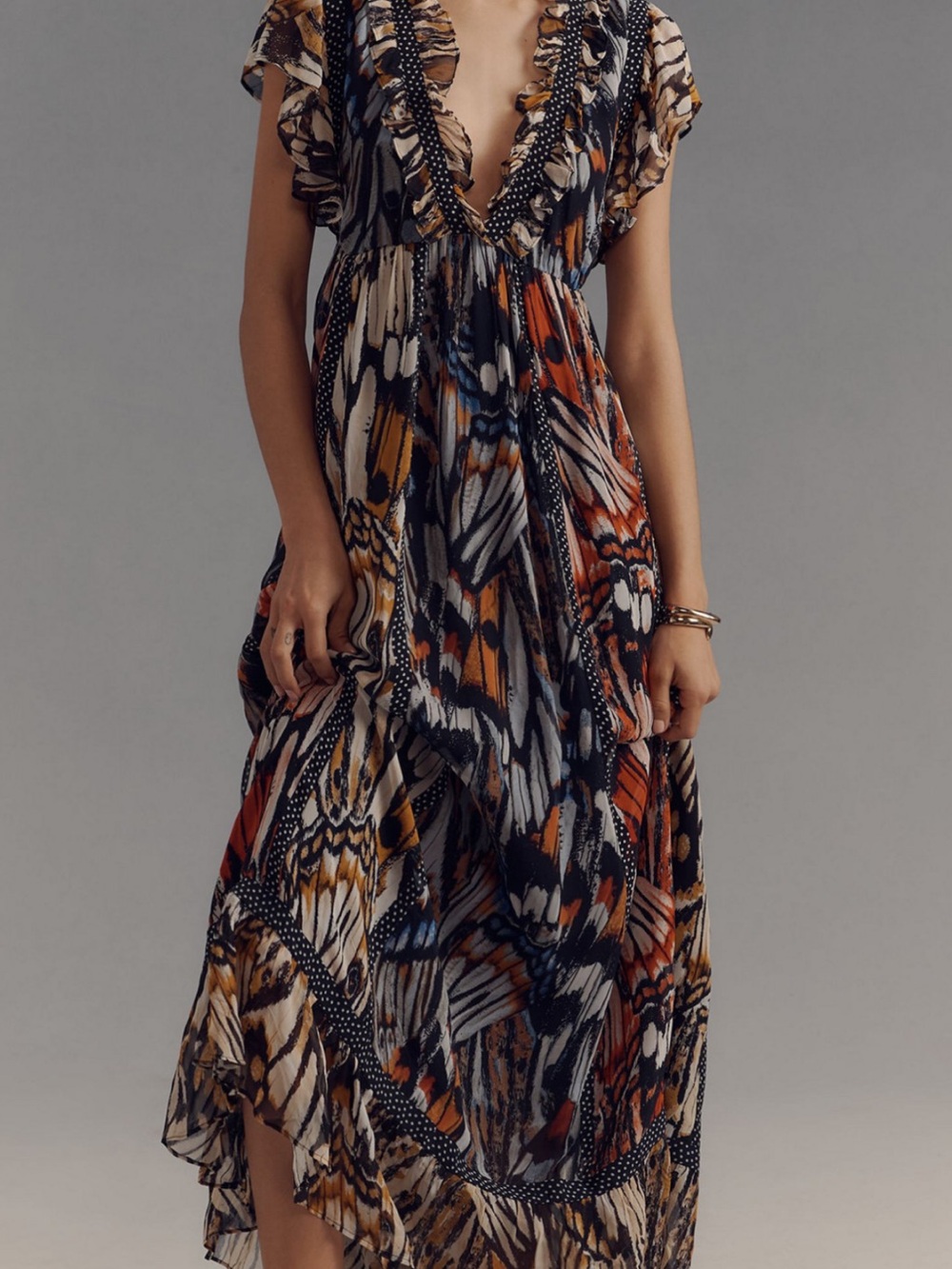 Anthropologie Maeve Boho Butterfly-Print V-Neck Maxi Dress in Multicolor